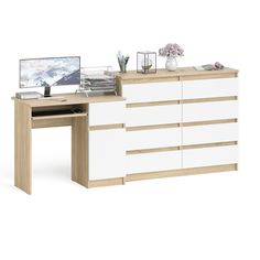 Комод 8-мь ящиков СВК Мори МК1200 и стол МС-1Пр сонома/белый, 210х50х94 см
