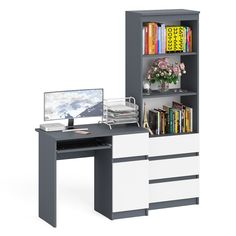 Компьютерный стол СВК Мори МС-1 правый со стеллажом графит/белый, 150х50х179,6 см