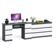 Комод СВК Мори МК1200.6 и стол 2-х тумбовый МС-2 графит/белый, 256х50х77 см