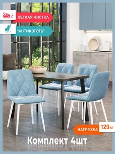 Комплект стульев для кухни DecoLine Ричи 4шт., велюр антикоготь, голубой,