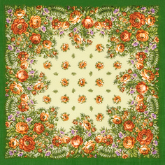 Платок женский Павловопосадский платок 1387 зеленый/оранжевый