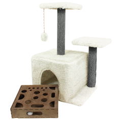 Когтеточка для кошек Меридиан с домиком и игрушкой, серый, ДСП, мех, ковролин, 45х47х75 см Meridian