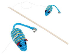 Игрушка для кошек Пижон, дразнилка-удочка с блестящей мышью на деревянной ручке, синяя