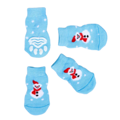 Носки для животных Пижон нескользящие Снеговики, S 2,5/3,5x6 см 4 шт, голубые