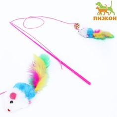 Игрушка для кошек Пижон Дразнилка-удочка разноцветная, мех, пластик, 32 см
