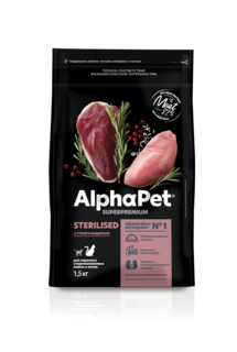 Сухой корм для кошек AlphaPet с уткой и индейкой, для стерилизованных, 1,5 кг