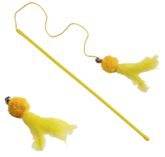 Игрушка для кошек Пижон удочка с мягким шариком и перьями желтая