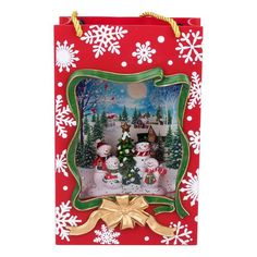 Новогодний сувенир LED Подарочный пакет Семья снеговиков под ёлкой музыкальный USB 15х23см