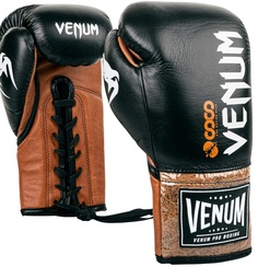 Боксерские перчатки боевые Venum Coco Monogram Pro на шнуровке 10 унций, черно-коричневый