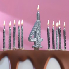 Набор свечей для торта (2 в 1) серебряный узор Цифра "4" + Свечи "С Днём Рождения" 10 шт Страна Карнавалия