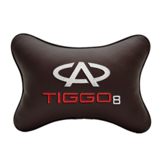 Автомобильная подушка на подголовник экокожа Coffee с логотипом автомобиля CHERY Tiggo 8 Vital Technologies