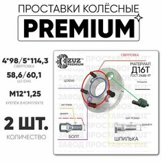 Проставки колёсные 2шт. 20мм 4*98/5*114,3 ЦО58,6/60,1 м12*1,25 болт+шпилька+эксцентрик 20мм с бортиком премиум ZUZ