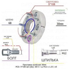 Проставка колёсная 1 шт 30мм 5*108 ЦО 68 Крепёж в комплекте Болт + Шпилька М12*1,25 ступичная с бортиком для дисков 1 шт на ступицу 5x108 5х108 Завод проставок ZUZ