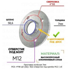 Проставка колёсная 1 шт 7мм 4*98 ЦО 58,6 отверстие под крепёж М12 ступичная с бортиком для дисков 1 шт на ступицу 4x98 4х98 Завод проставок ZUZ