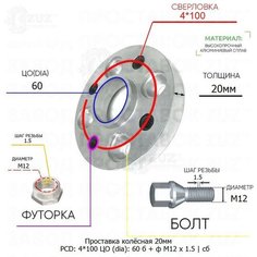 Проставка колёсная 1 шт 20мм 4*100 ЦО 60 Крепёж в комплекте Болт + Футорка М12*1,5 ступичная с бортиком для дисков 1 шт на ступицу 4x100 4х100 Завод проставок ZUZ