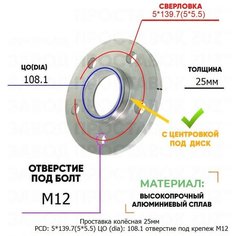 Проставка колёсная 1 шт 25мм PCD: 5*139.7 ЦО (DIA): 108,1 с бортиком отверстие под крепёж M12 на ступицу: Chevrolet Suzuki 5x139.7 Завод проставок ZUZ