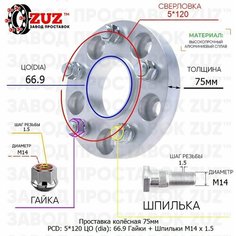 Проставка для дисков 1 шт 75мм: 5*120 ЦО (dia): 66.9мм / с бортиком / крепёж в комплекте Гайки + Шпильки M14 * 1.5 применяемость: Buick Cadillac Chevrolet Завод проставок ZUZ