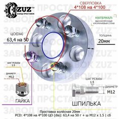 Проставка колёсная 1 шт 20мм 4*108 на 4*100 ЦО 63,4 на 50 Крепёж в комплекте Гайка + Шпилька М12*1,5 ступичная с бортиком переходная адаптер Завод проставок ZUZ