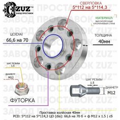 Проставка колёсная 1 шт 40мм 5*112 на 5*114,3 ЦО 66,6 на 70 Крепёж в комплекте Болт + Футорка М12*1,5 ступичная с бортиком переходная адаптер для дисков 1 шт Завод проставок ZUZ