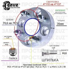 Проставка колёсная 1 шт 35мм 4*110 на 4*137 ЦО 74,6 на 74,5 Крепёж в комплекте Гайка + Шпилька М10*1,25 ступичная без бортика переходная адаптер Завод проставок ZUZ