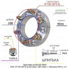 Проставка для дисков 1 шт 40мм: 6*139.7(6*5.5) ЦО (dia): 108мм / с бортиком / крепёж в комплекте Гайки + Шпильки M14 * 1.5 применяемость: GMC Holden УАЗ Завод проставок ZUZ