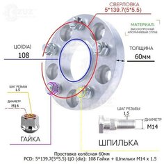 Проставка для дисков 1 шт 60мм: 5*139.7(5*5.5) ЦО (dia): 108мм с бортиком крепёж в комплекте Гайки и Шпильки M14 * 1.5 применяемость: УАЗ Завод проставок ZUZ