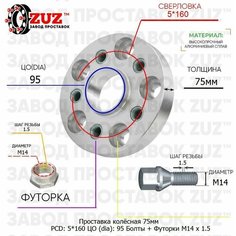 Проставка для дисков 1 шт 75мм: 5*160 ЦО (dia): 95мм / с бортиком / крепёж в комплекте Болты + Футорки M14 * 1.5 применяемость: Volkswagen 5х160 5x160 Завод проставок ZUZ