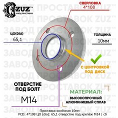 Проставка колёсная 1 шт 10мм 4*108 ЦО 65,1 отверстие под крепёж М14 ступичная без бортика для дисков 1 шт на ступицу 4x108 4х108 Завод проставок ZUZ