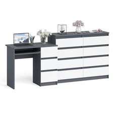 Комод СВК Мори МК1200 8-мь ящиков со столом МС-6Пр графит/белый, 210х50х94 см