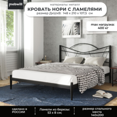 Кровать металлическая двуспальная с ламелями Mebwill Нори 140x200 черный 101870