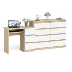 Комод СВК Мори МК1200 8-мь ящиков со столом МС-6Пр сонома/белый, 210х50х94 см