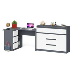 Тумба-комод СВК Мори 1200 с угловым столом МС-16Л графит/белый, 245х85х94 см