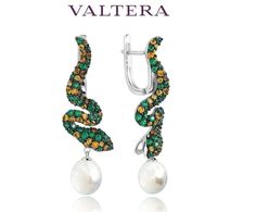 Серьги подвески из серебра VALTERA 117599, изумруд искусственный\фианит