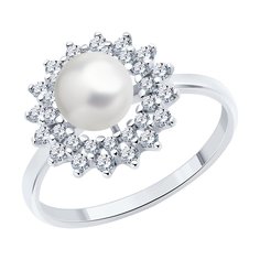 Кольцо из серебра р. 17 SOKOLOV 94013901, фианит, жемчуг искусственный