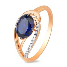 Кольцо из красного золота р. 16,5 585Gold 101011556, сапфир искусственный\бриллиант