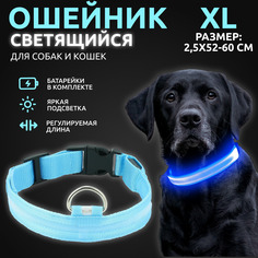 Ошейник светящийся для собак AT светодиодный голубого, XL - 2,5х52-60 см