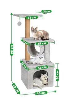 Когтеточка для кошек ZURAY с домиком-тоннелем, серый, мех, ковролин, 36х36х95 см
