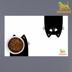 Коврик под миску для кошек Пижон Черный кот, ПВХ, белый, 43х28 см