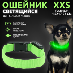 Ошейник светящийся для собак AT светодиодный зеленого, XXS - 1,5х17-27 см