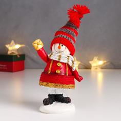 Новогодний сувенир Снеговик в красной шубе, колпаке и шарфике 6489949 14х10,5х5 см No Brand