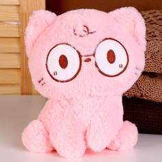 Мягкая игрушка Кот в очках, 20 см, розовый No Brand