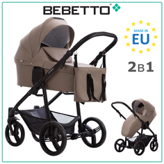 Детская коляска 2 в 1 Bebetto Explorer AIR PRO 04, бежево-коричневая экокожа, рама черная