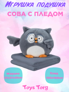 Мягкая игрушка Toys Torg Подушка с пледом 3 в 1, Сова, серый, 40 см