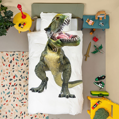 Постельное белье детское BELLEHOME Мама, я Динозавр, сатин, 1,5 спальный белый, зеленый