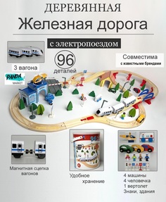 Деревянная большая железная дорога с электропоездом PanDa_Market, 96 дет