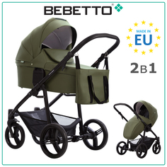 Детская коляска 2 в 1 Bebetto Explorer AIR PRO 05, экокожа цвета хаки, рама черная