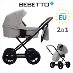 Детская коляска 2 в 1 Bebetto Aquarius PRO 02, светло-серая экокожа, рама черная