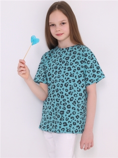 Футболка детская Апрель 235дев001нД2Р, темно-бирюзовый леопард на бирюзовом, 134