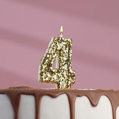 Свеча в торт «Блестки», цифра "4", золото, 6.5х4 No Brand