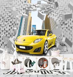 Фотообои Dekor Vinil "Желтый автомобиль на фоне города с эффектом 3d" 300х270 см